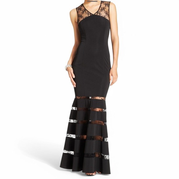 JS Collections Black Sleeveless Vee Neck Lace Illusion Mermaid Gown Size 10 EUC - Picture 2 of 15